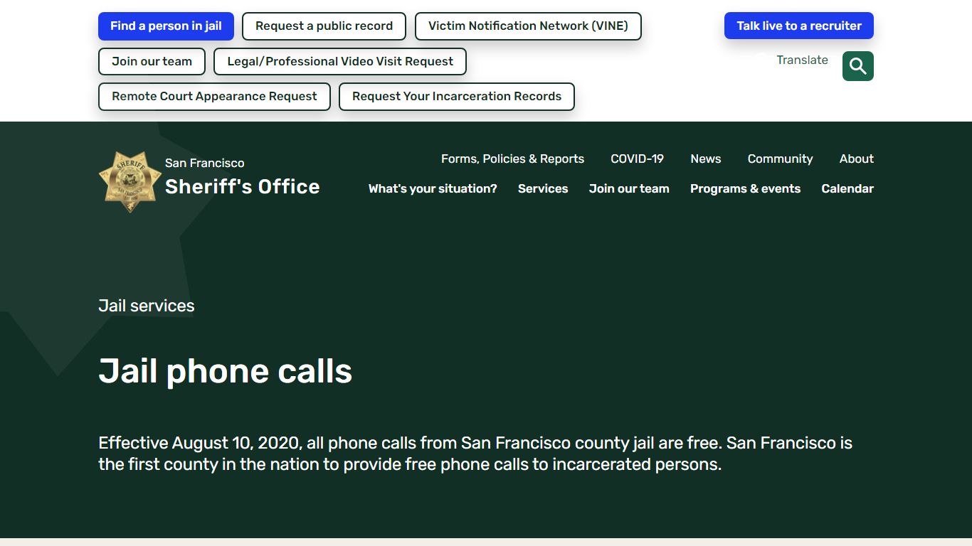 Jail phone calls | San Francisco Sheriff's Department